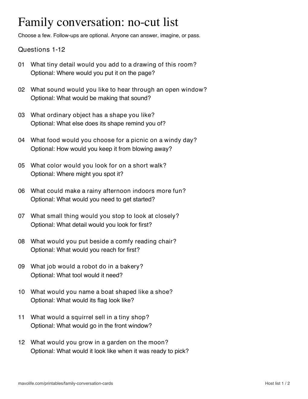 First twelve questions on the no-cut list, with the same questions and optional follow-ups shown below.