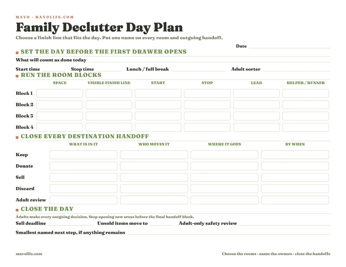 Fillable family declutter day plan with the date, finish line, four room blocks and owners, plus keep, donate, sell, discard, and adult review handoffs.