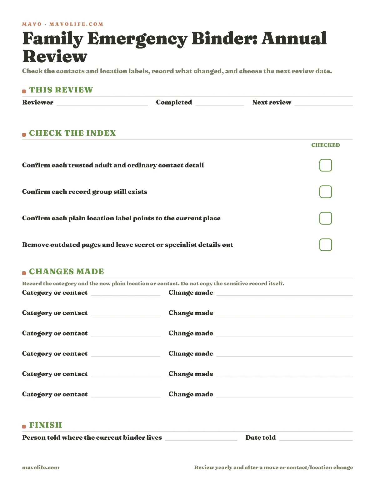 Fillable family emergency binder annual review sheet with reviewer and date fields plus four review checkboxes, six change rows and a next review date