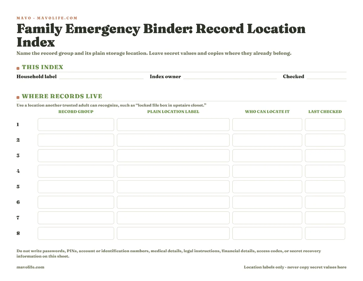 Fillable family emergency binder record location index with eight rows showing each record group and storage location plus who can locate it and when it was checked