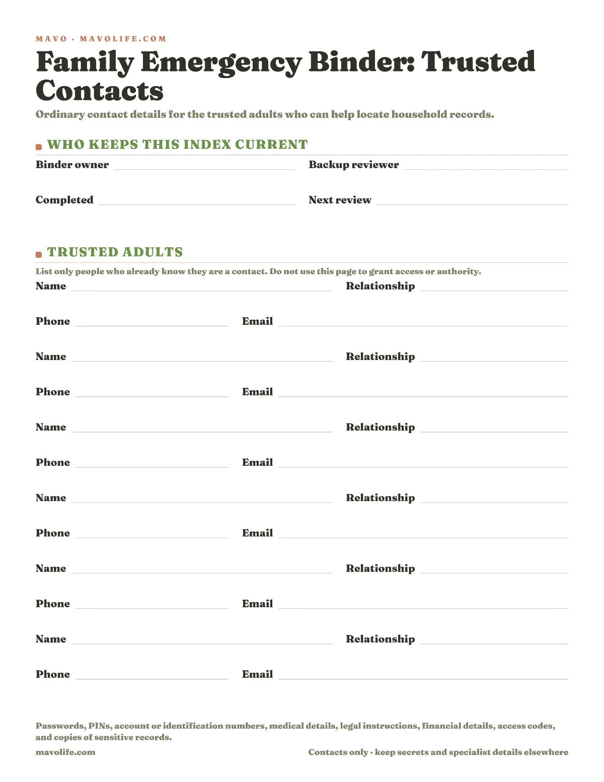 Fillable family emergency binder trusted contacts sheet with a binder owner and backup reviewer plus six trusted adult contacts and review dates