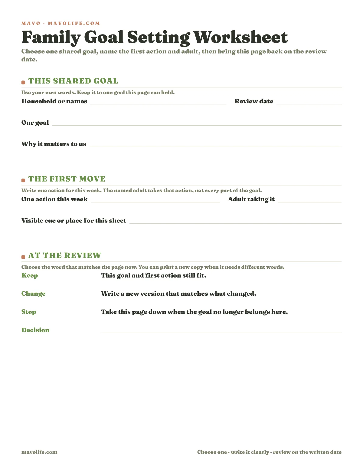 One-page fillable family goal setting worksheet with fields for one shared goal, why it matters, the first weekly action, the adult taking that action, a visible cue, review date, and a keep, change, or stop decision.