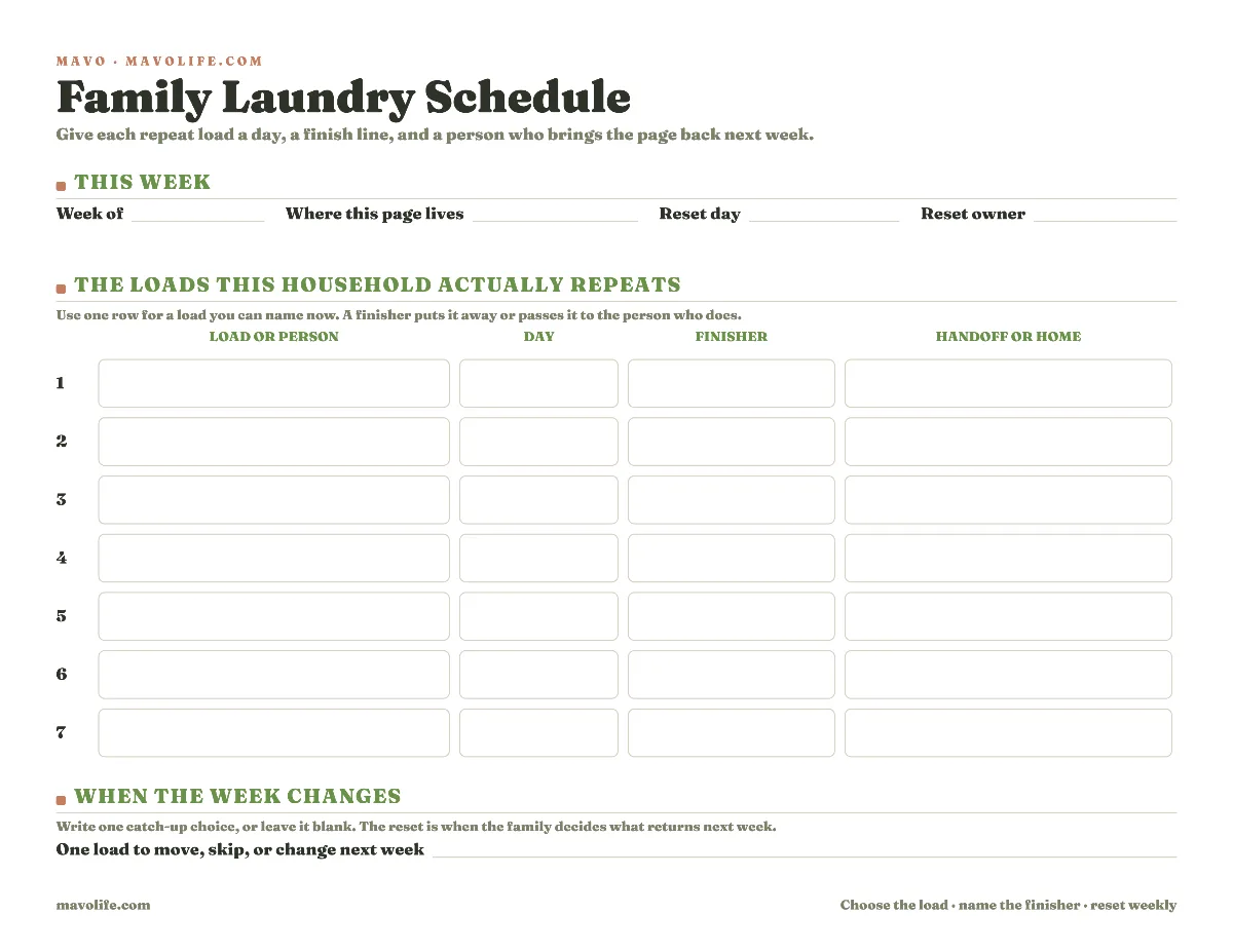 Fillable landscape family laundry schedule with a weekly reset, seven rows for loads, days, finishers, and handoffs, plus a catch-up decision