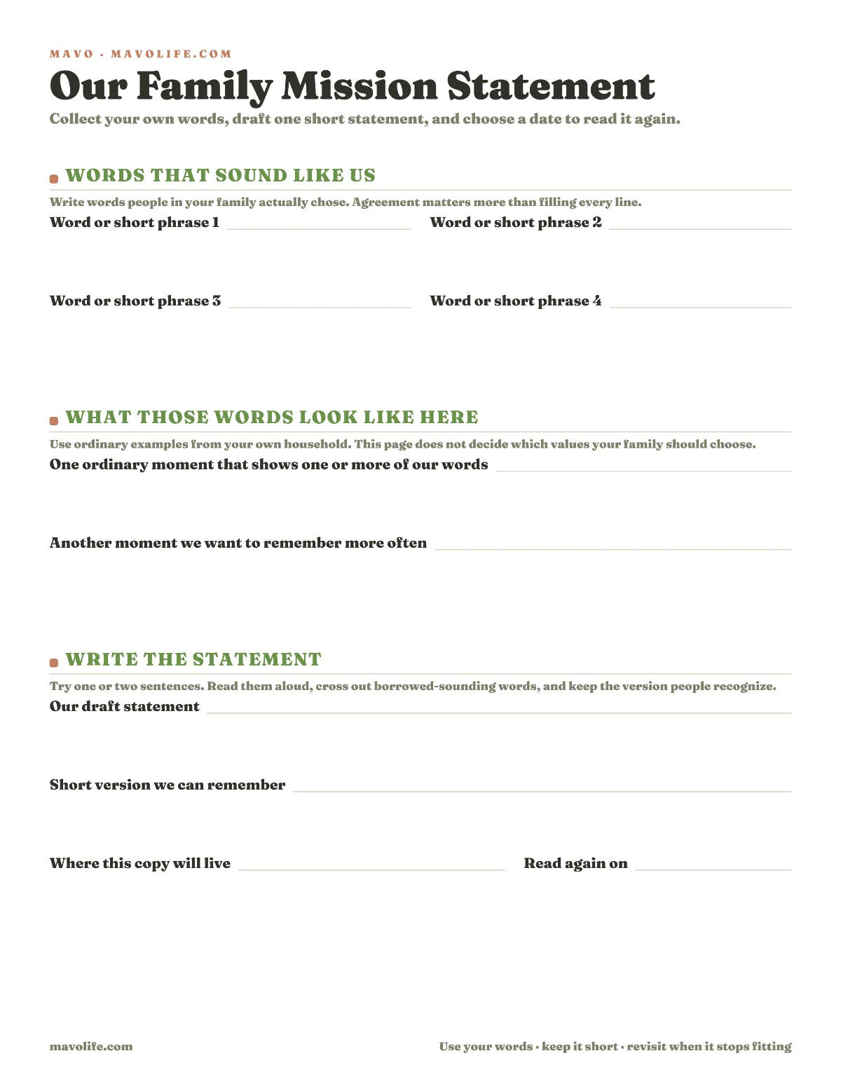 One-page fillable family mission statement worksheet with space for shared words, real examples, a draft statement, a shorter version, and a review date.