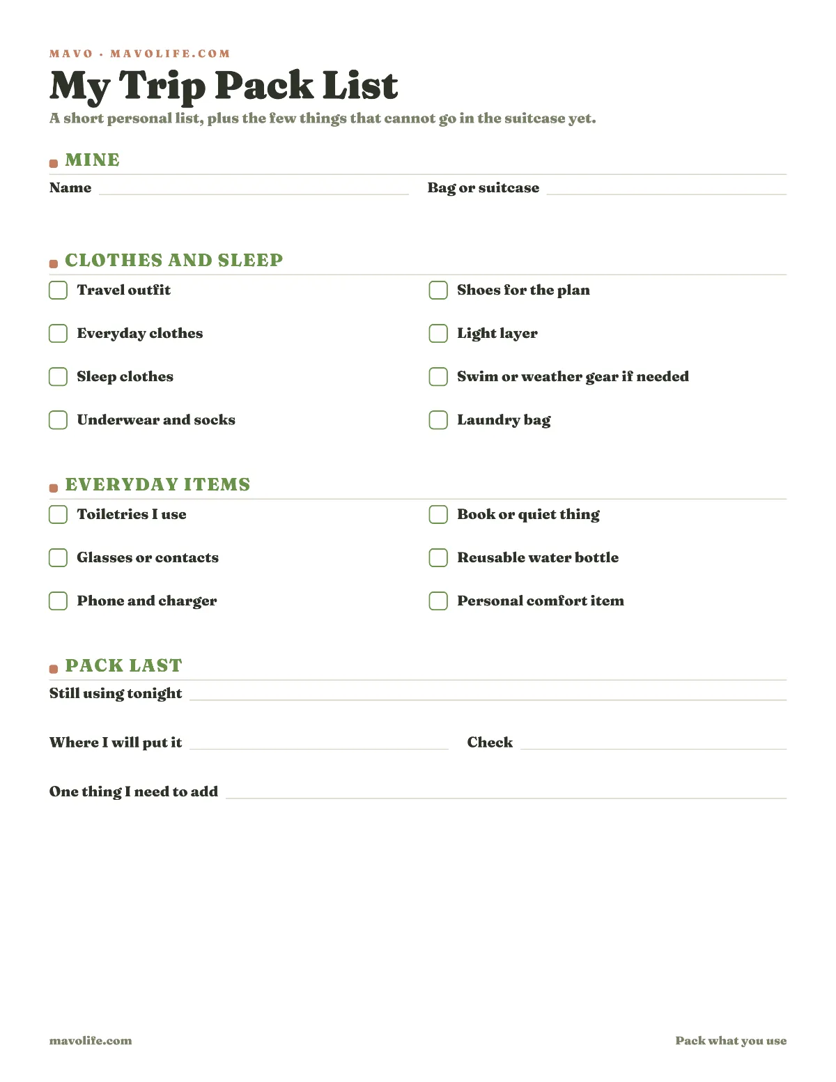 Preview of the Adult trip pack list printable