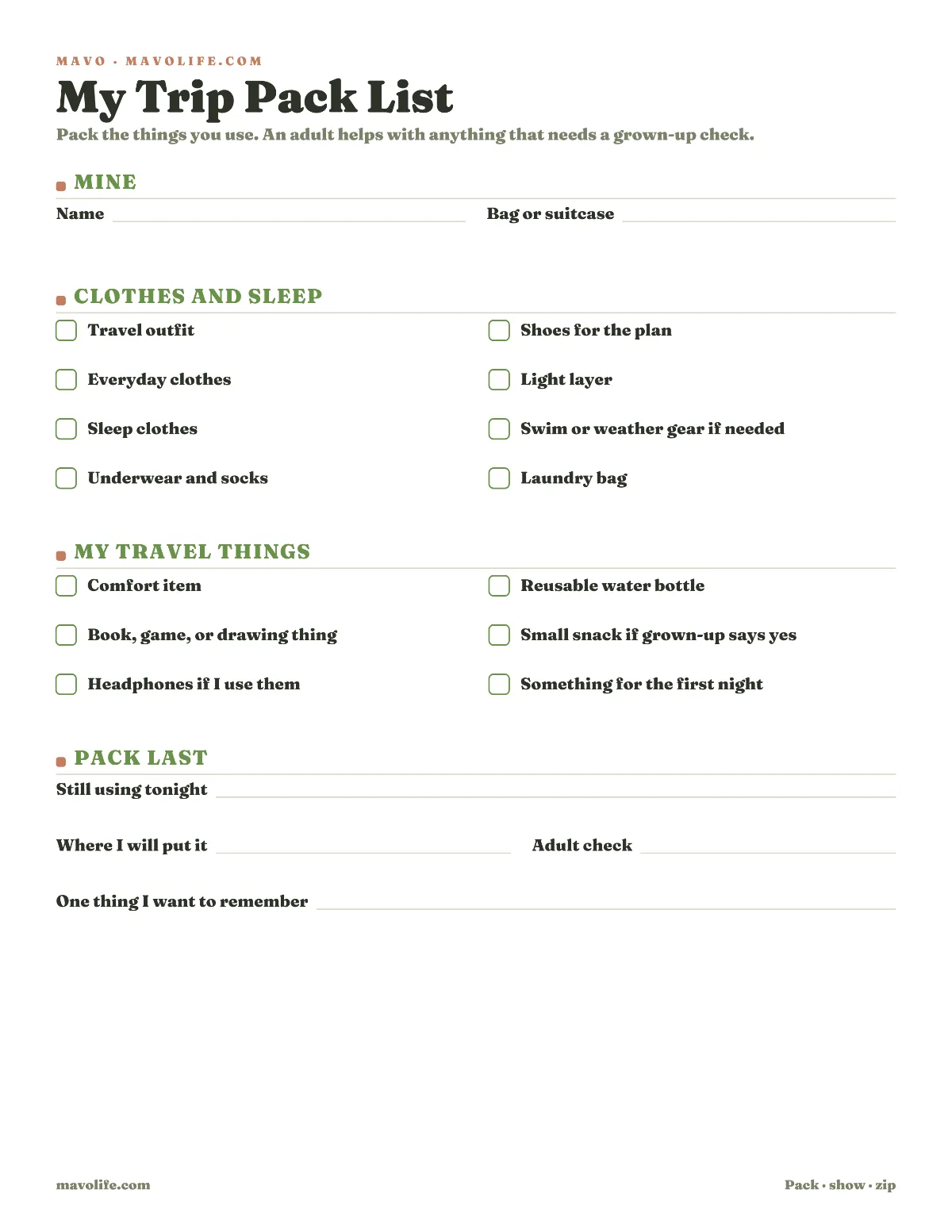 Preview of the Kid trip pack list printable