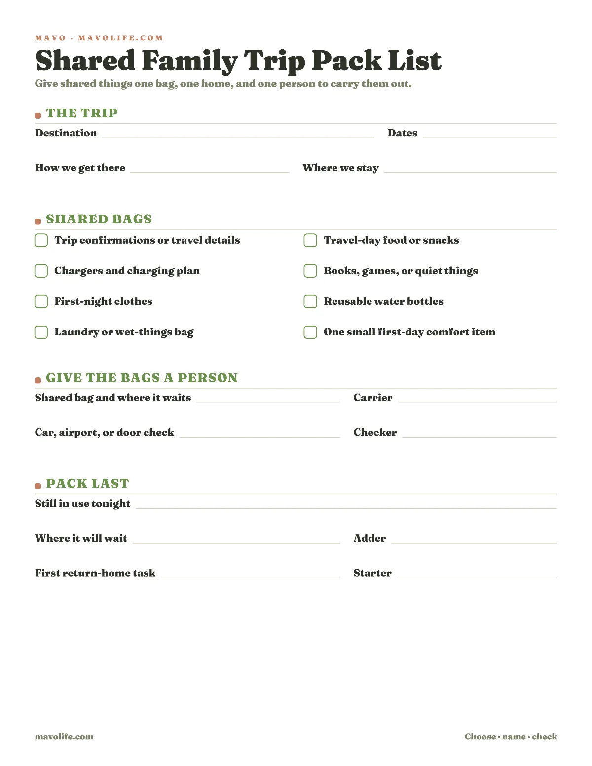 Preview of the Shared family trip pack list printable
