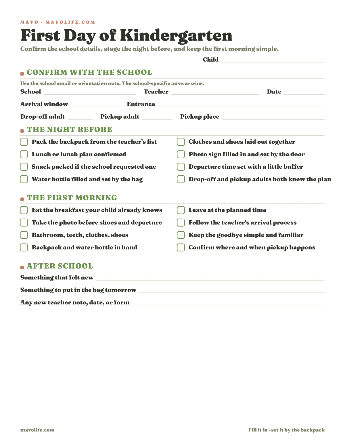 Printable first day of kindergarten checklist with fill-in fields for the child, school, teacher, date, arrival window, entrance, drop-off adult, pickup adult, and pickup place, followed by night-before and morning-of checklists and a small after-school reset.