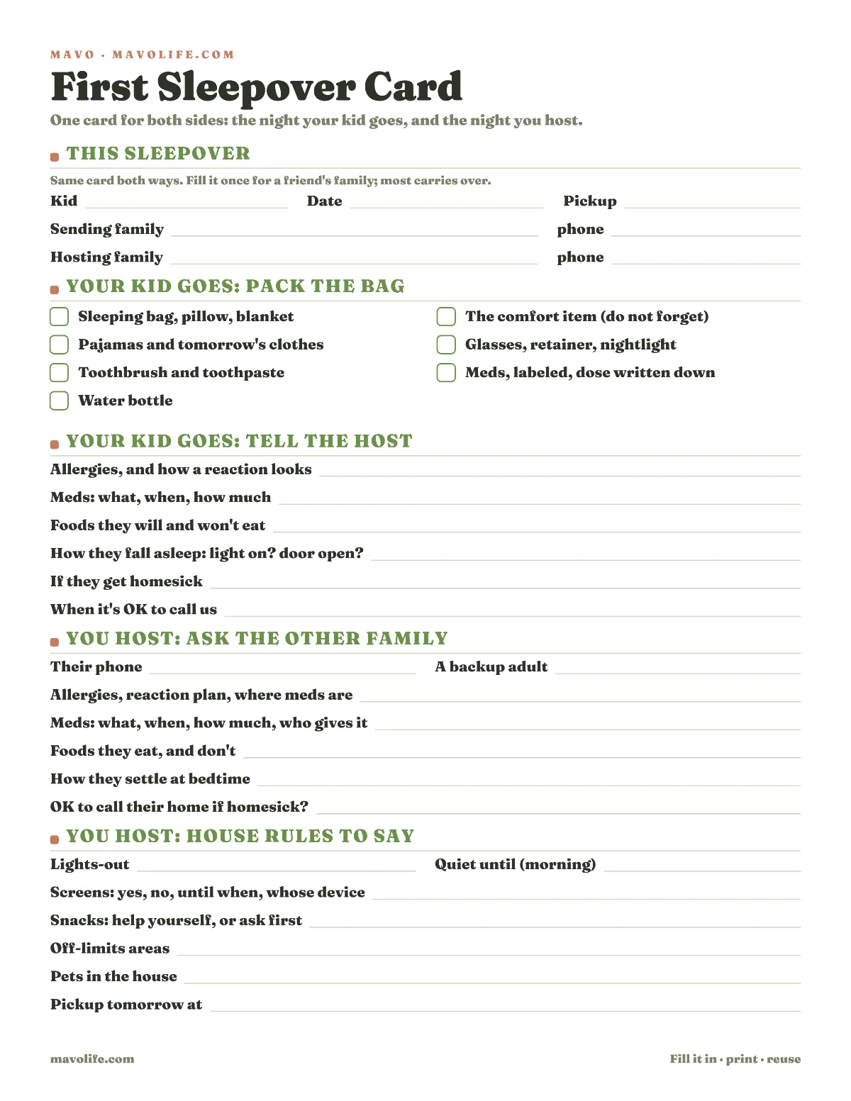 Preview of the Sleepover card printable