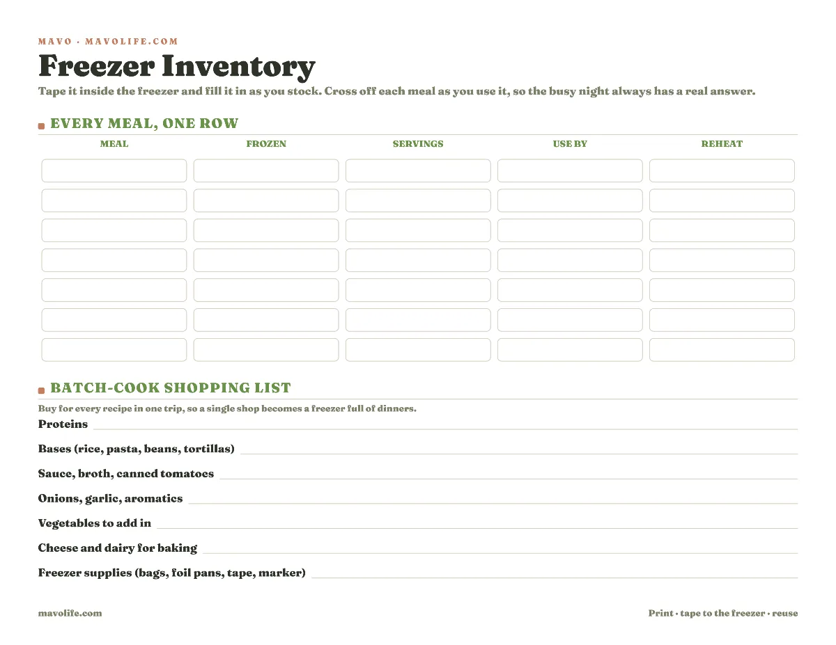 Preview of the Freezer meal inventory printable