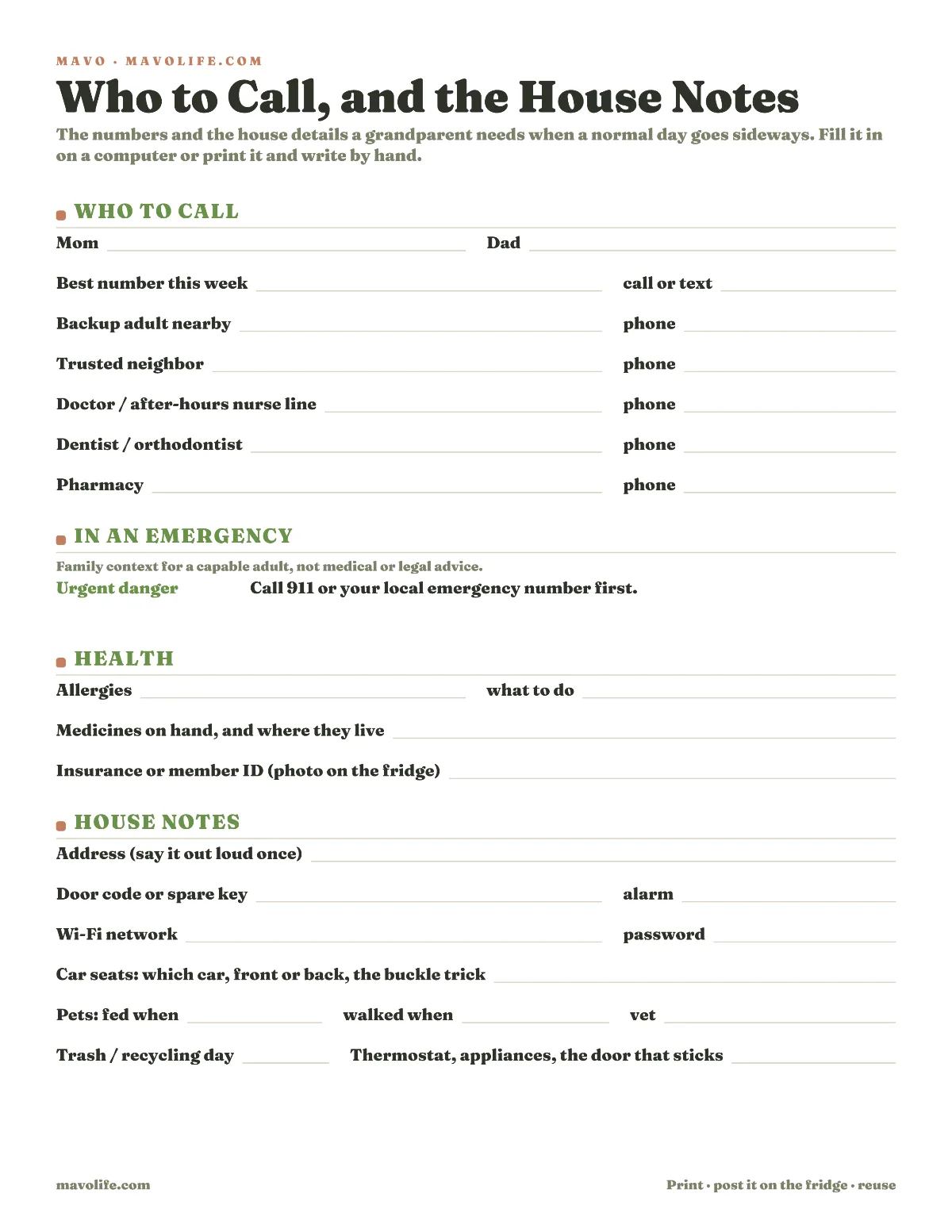 Preview of the Contacts & house notes printable