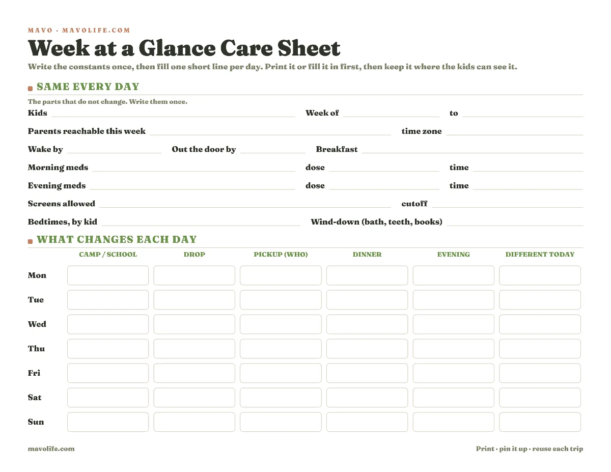 Preview of the Week-at-a-glance care sheet printable