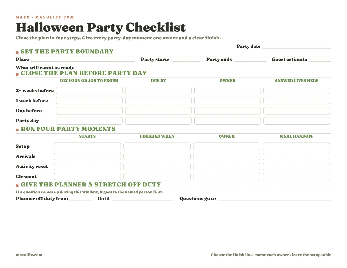 Fillable Halloween party checklist with the party boundary, four preparation deadlines, four party-day moments, owners, and a planner off-duty window.