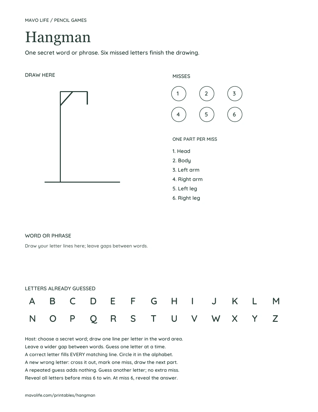 Blank hangman sheet with an empty scaffold, a six-part drawing order, six miss circles, open word space, an A–Z alphabet and the complete rules.