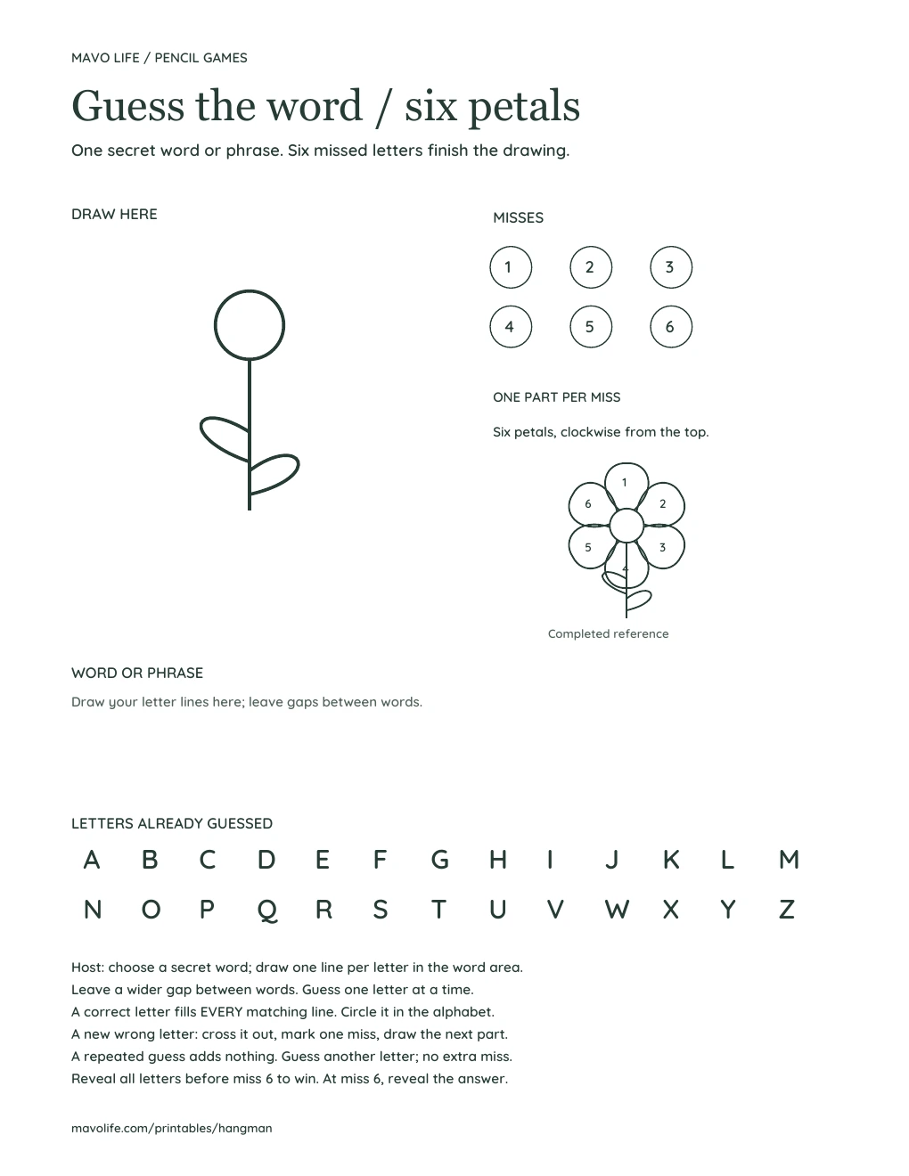 Blank flower word-game sheet with a center, stem and leaves, a numbered six-petal reference, six miss circles, open word space, an A–Z alphabet and the same rules.