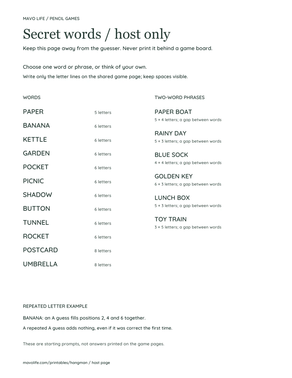 Separate host-only sheet with twelve words and six two-word phrases, their letter counts, and a BANANA repeated-letter example. Keep it away from the guesser.