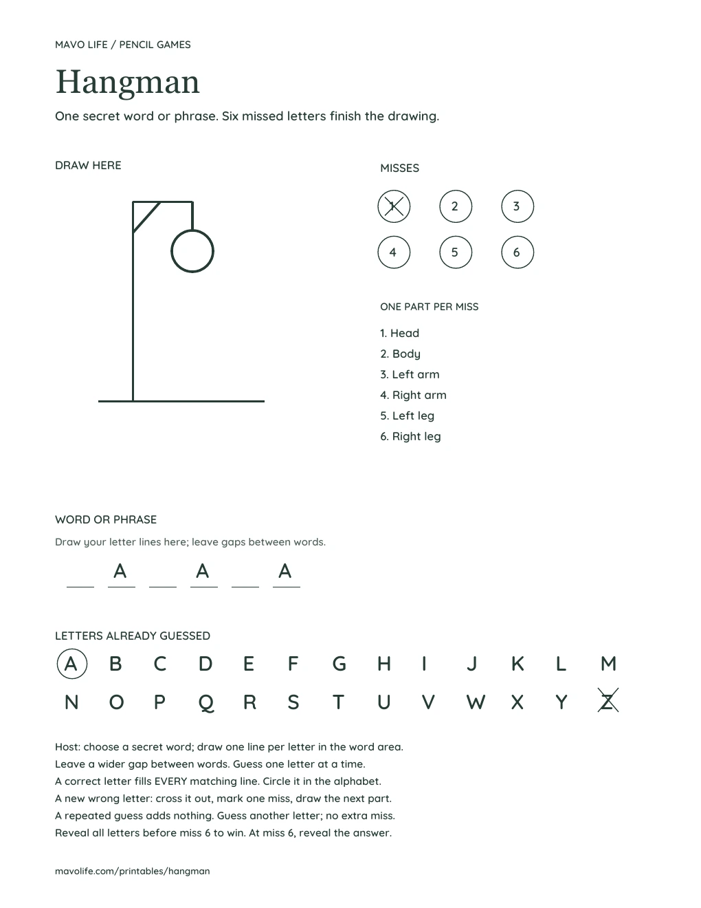 Illustrative filled conventional sheet for BANANA: A appears in positions two, four and six and is circled in the alphabet. Z is crossed out, miss one is marked, and only the head is drawn.
