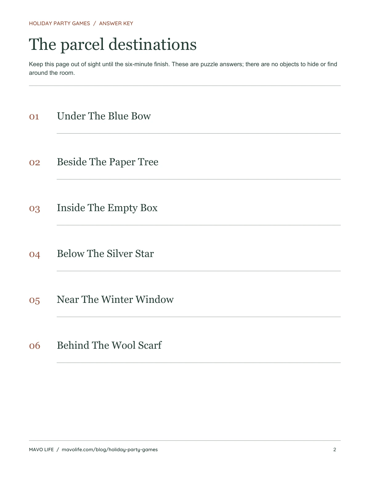 Answer page listing the six decoded parcel destinations in order.