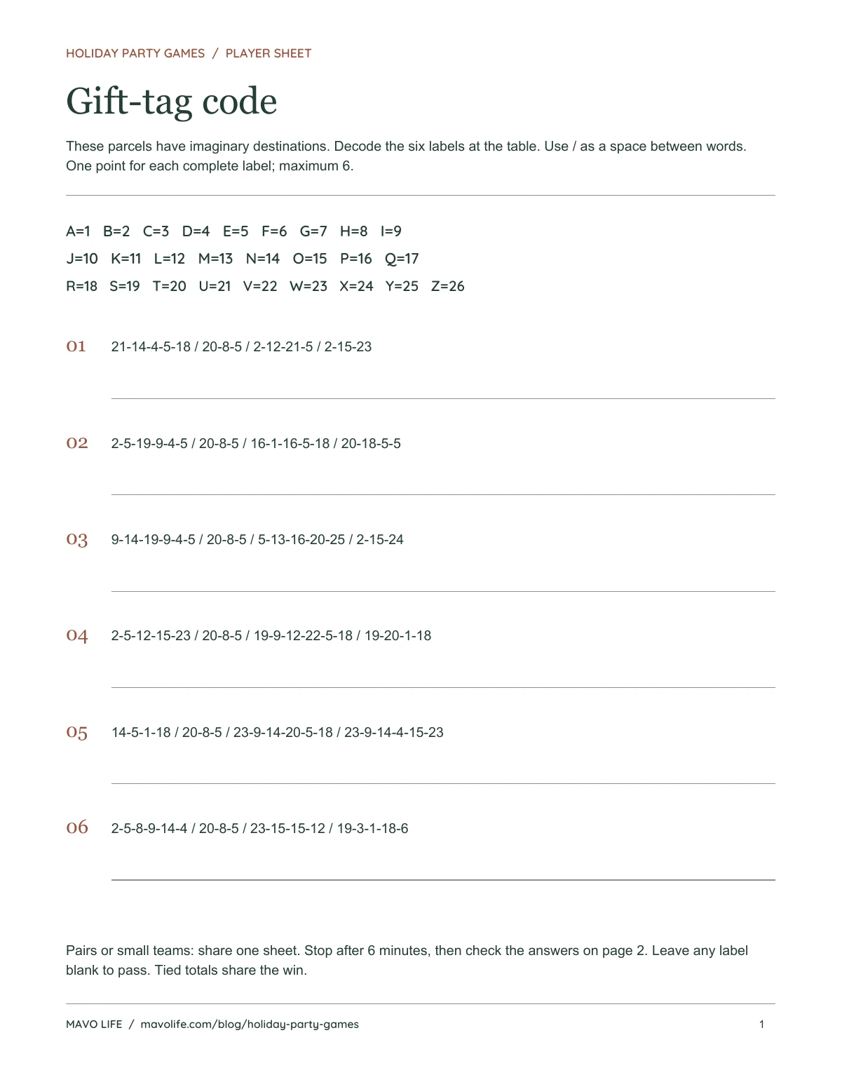 Gift-tag code sheet with an A-equals-1 alphabet key, six encoded destination phrases, and long answer lines.