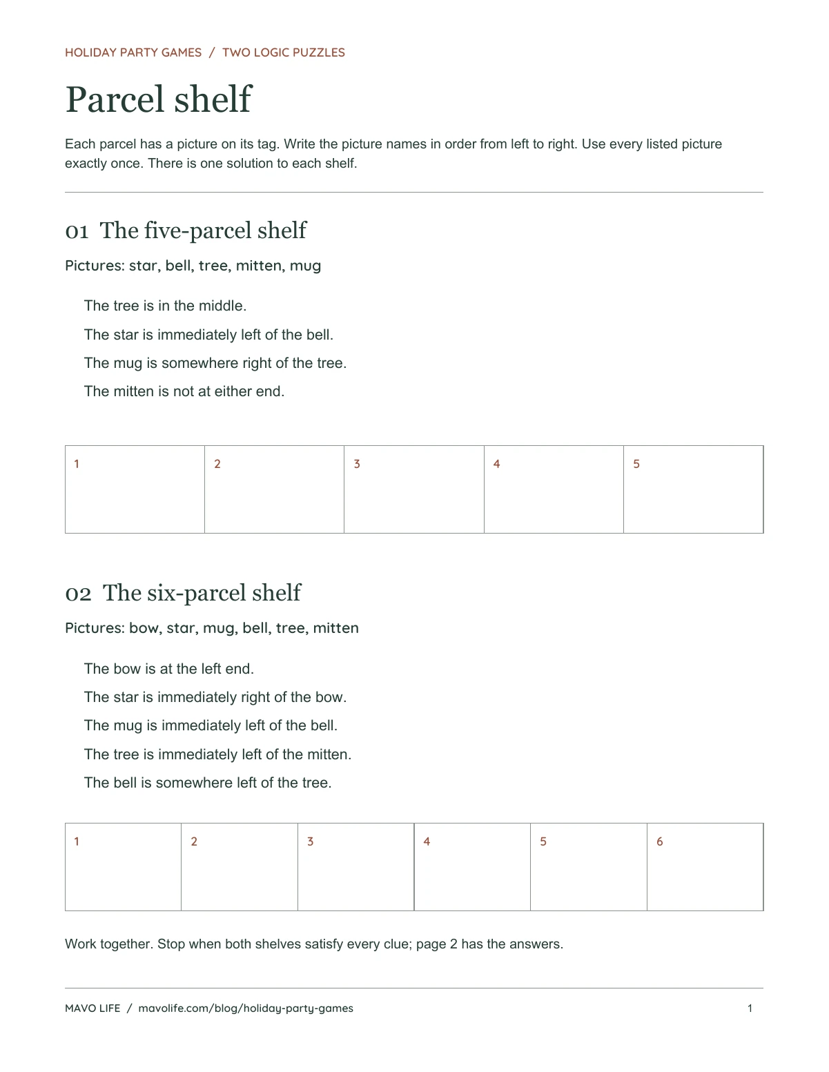 Two parcel-order logic puzzles with written clues and numbered spaces for a five-parcel and a six-parcel shelf.