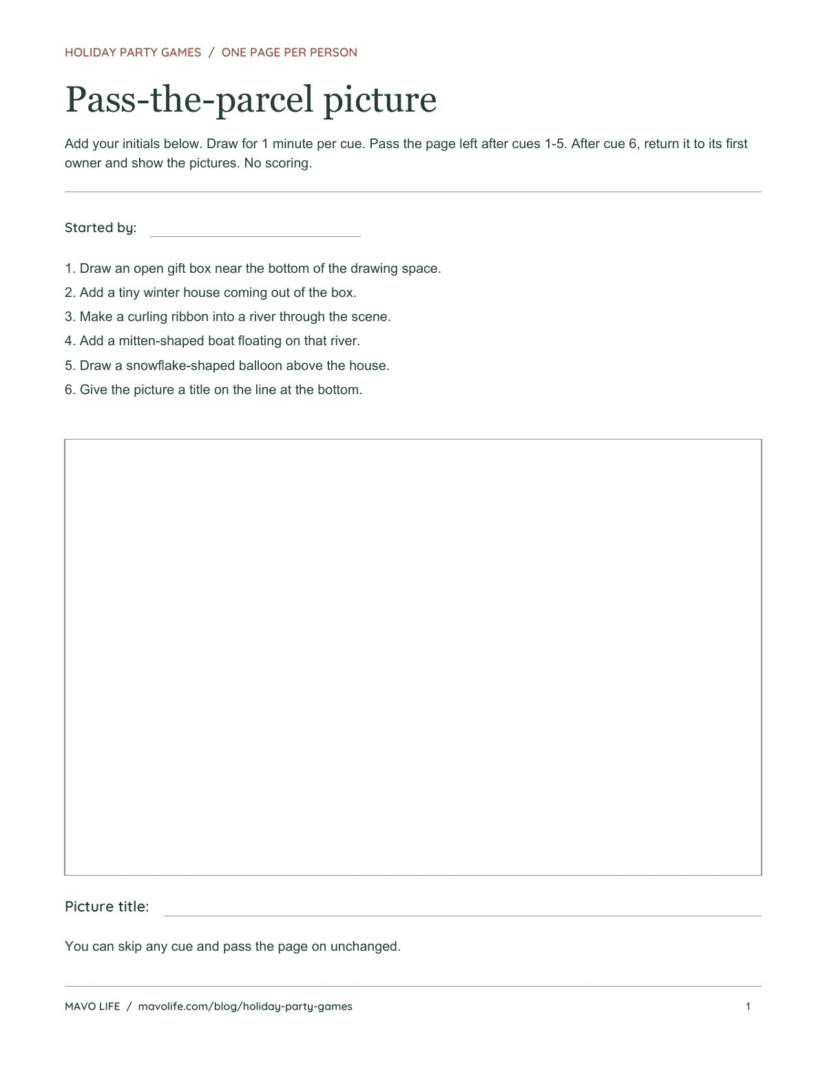 Pass-the-parcel picture sheet with six drawing cues, a large empty drawing space, and a line for a picture title.