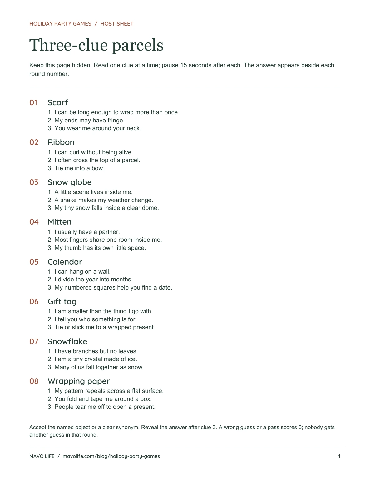Host sheet with eight named objects and three progressively more specific clues for each.