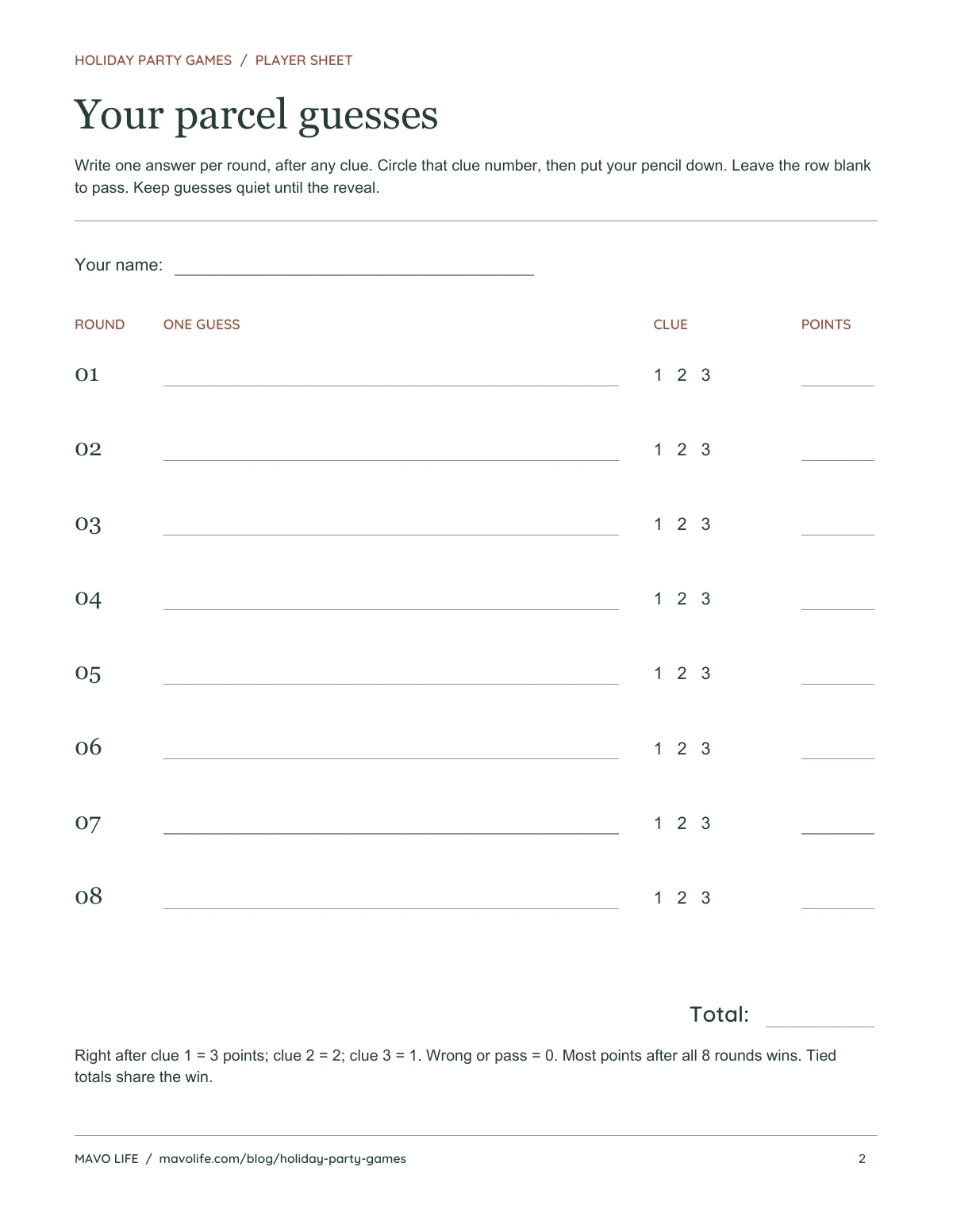 Three-clue parcels player sheet with eight answer lines, a clue-number choice for each round, and a points column.