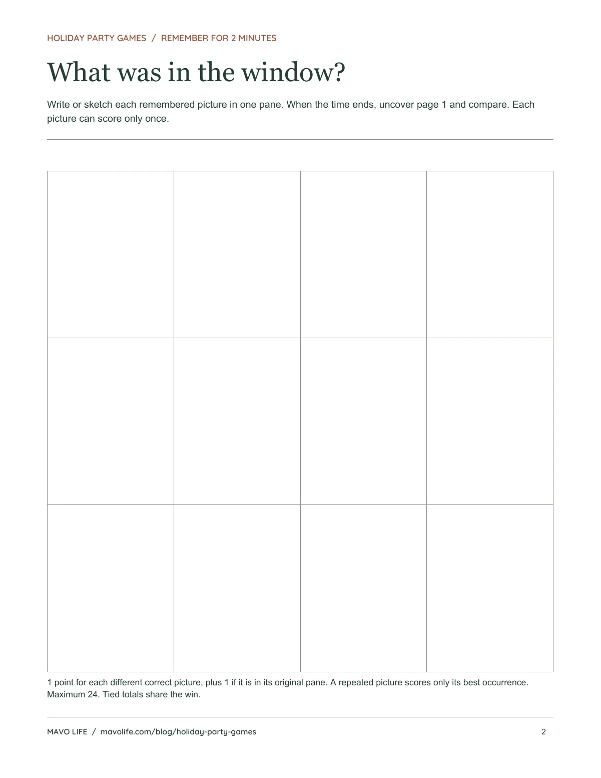Empty twelve-pane window with space to write or sketch remembered pictures and the scoring instructions underneath.