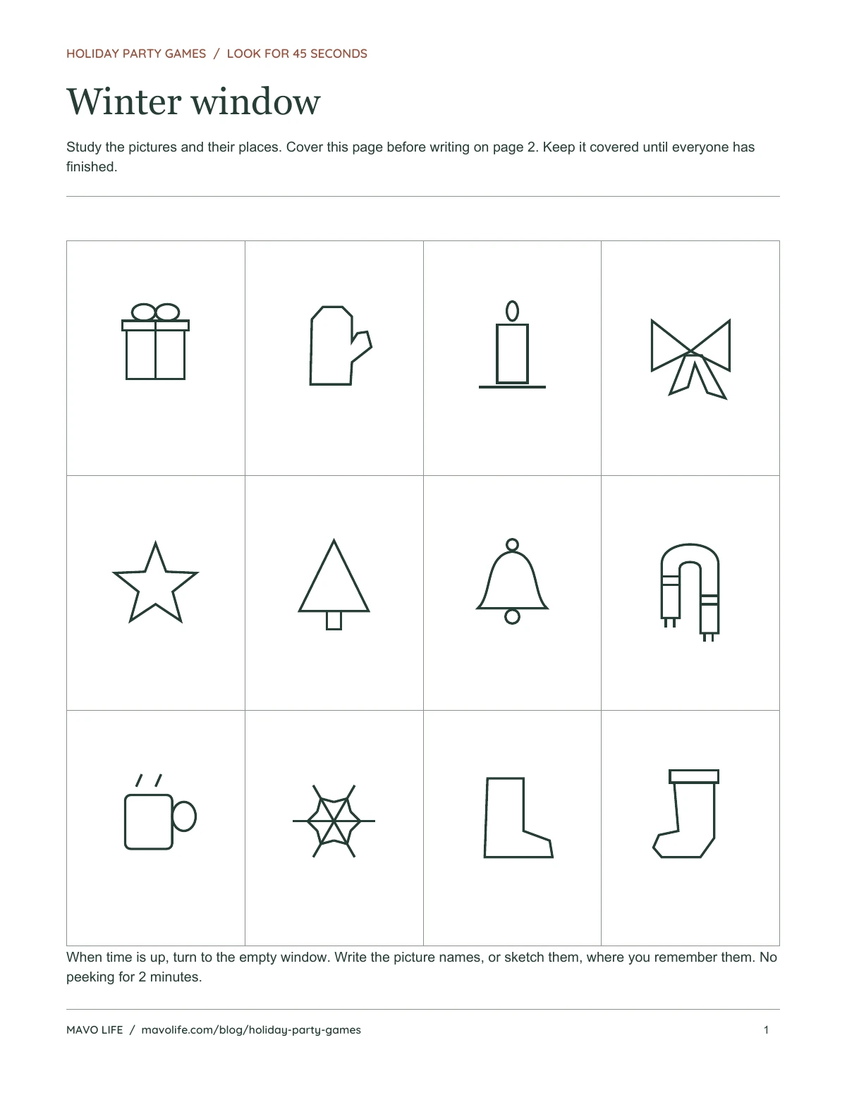 A four-column, three-row window of seasonal line drawings, including a gift, mitten, candle, bow, star, tree, bell, scarf, mug, snowflake, boot, and stocking.