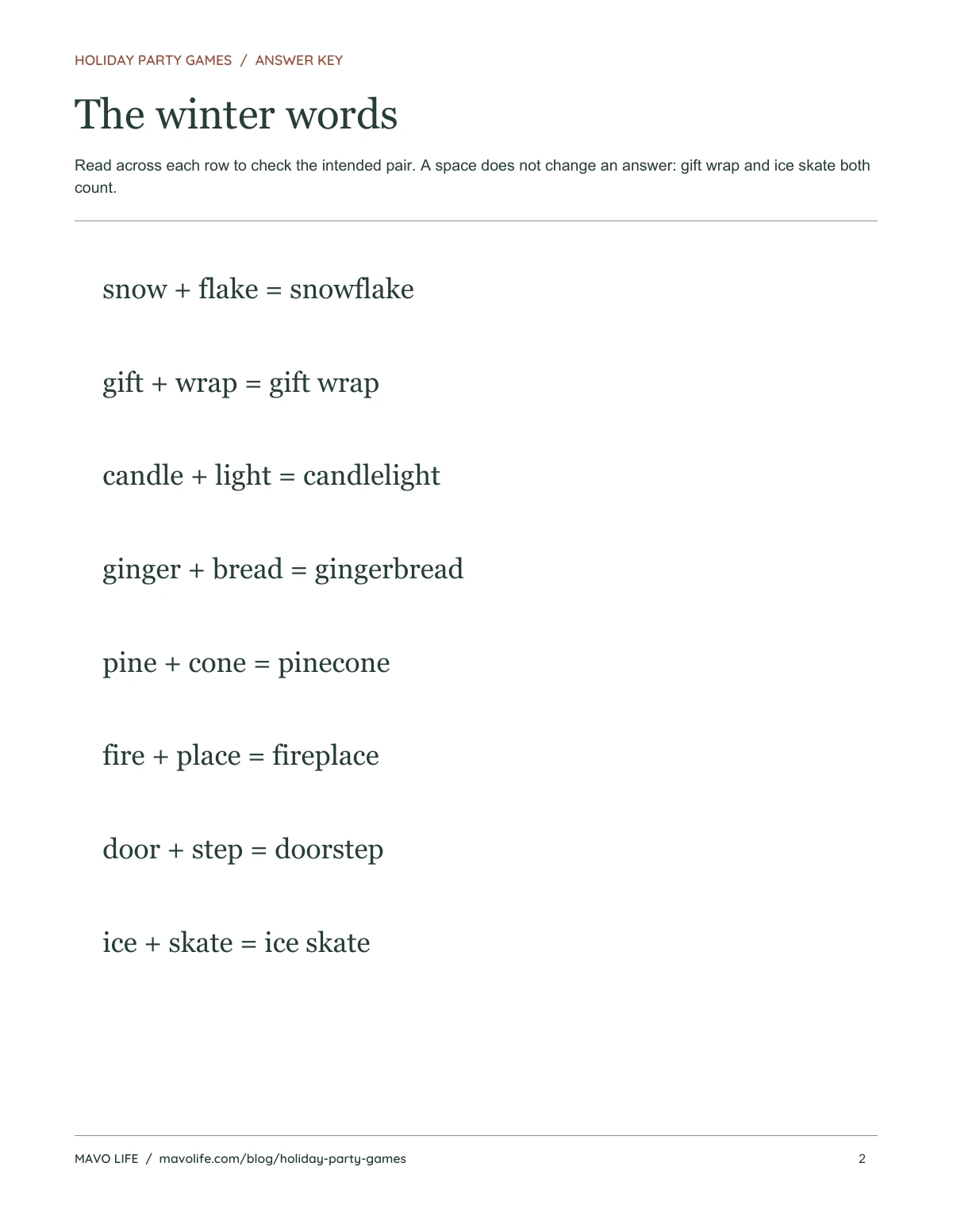 Answer page showing each winter word beginning joined to its intended ending.