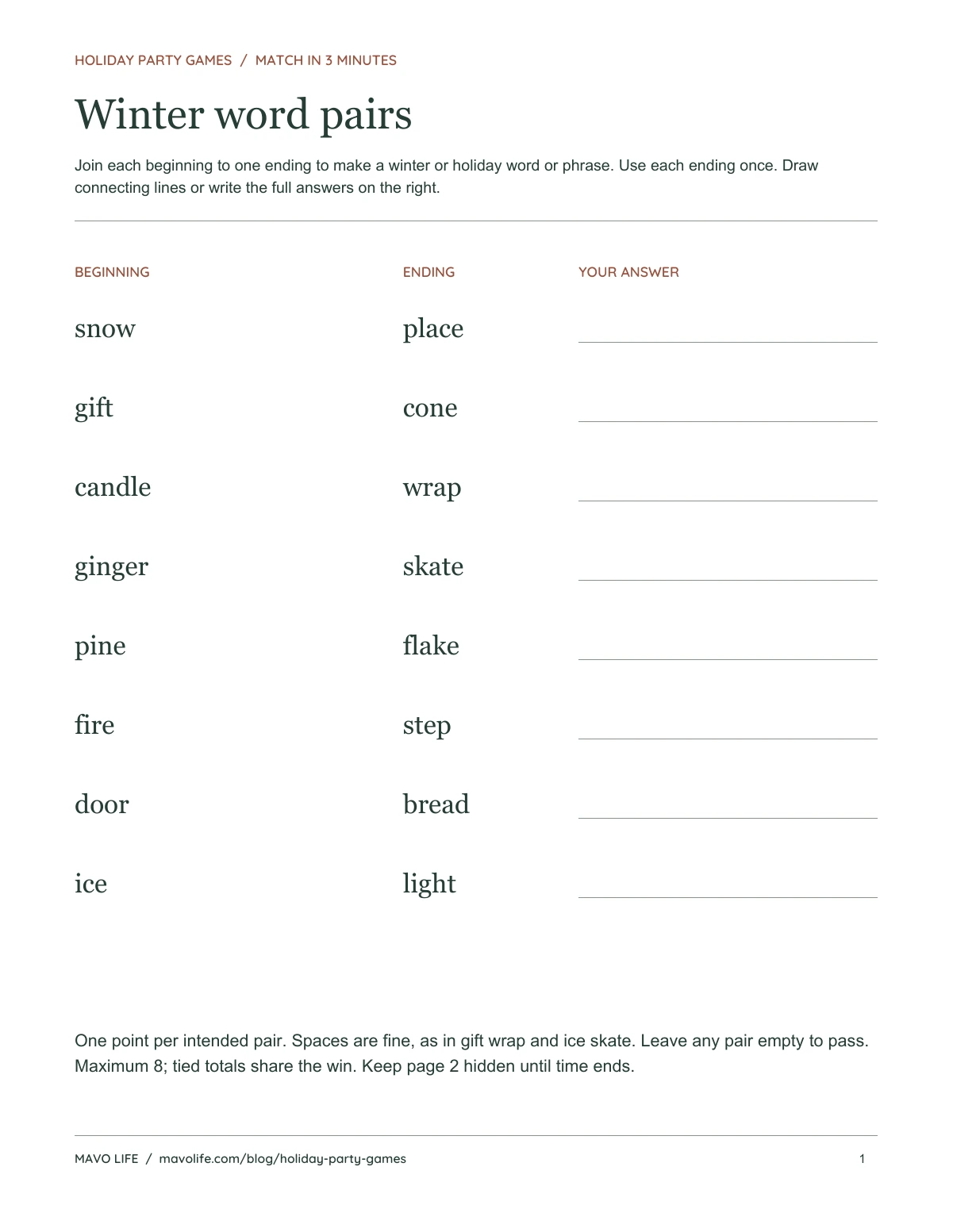 Winter word pairs sheet with eight word beginnings, shuffled endings, and an answer line beside each row.