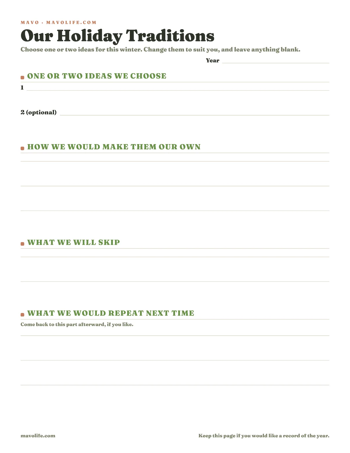 Winter holiday traditions worksheet with two idea lines and writing space for changes, things to skip, and things to repeat next time.