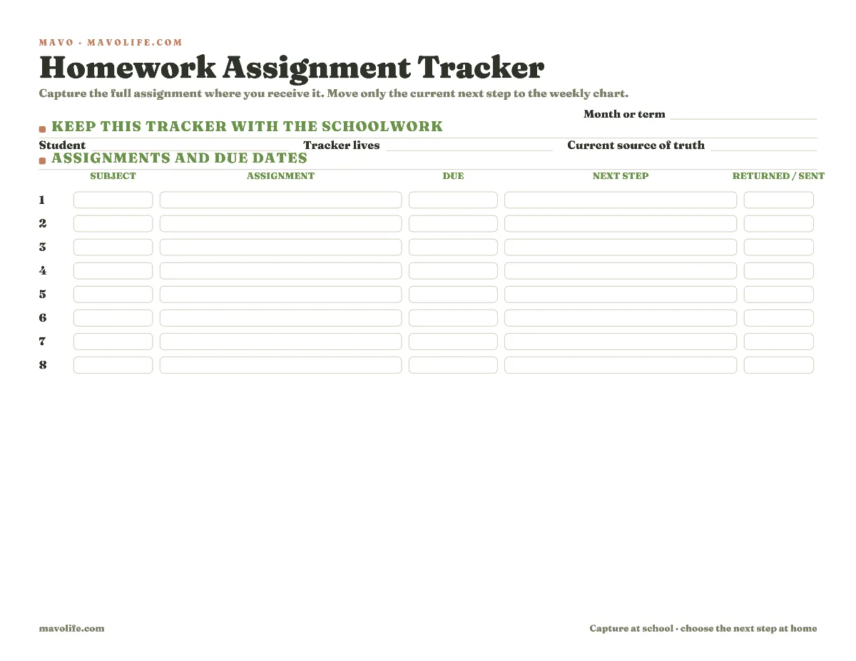 Fillable homework assignment tracker with eight rows for subject, assignment, due date, next step, and returned or sent.