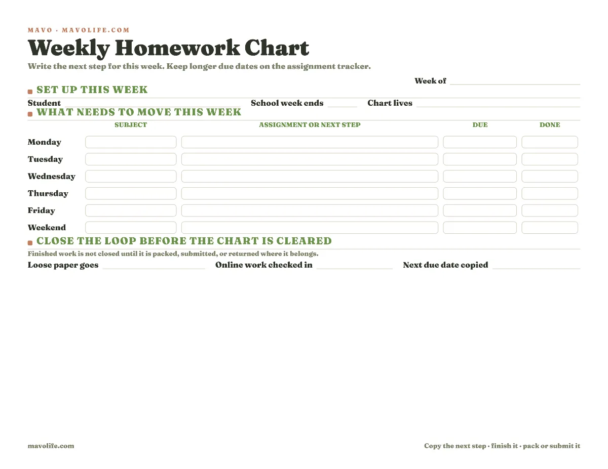 Fillable weekly homework chart with six day rows for subject, assignment or next step, due date, and done.