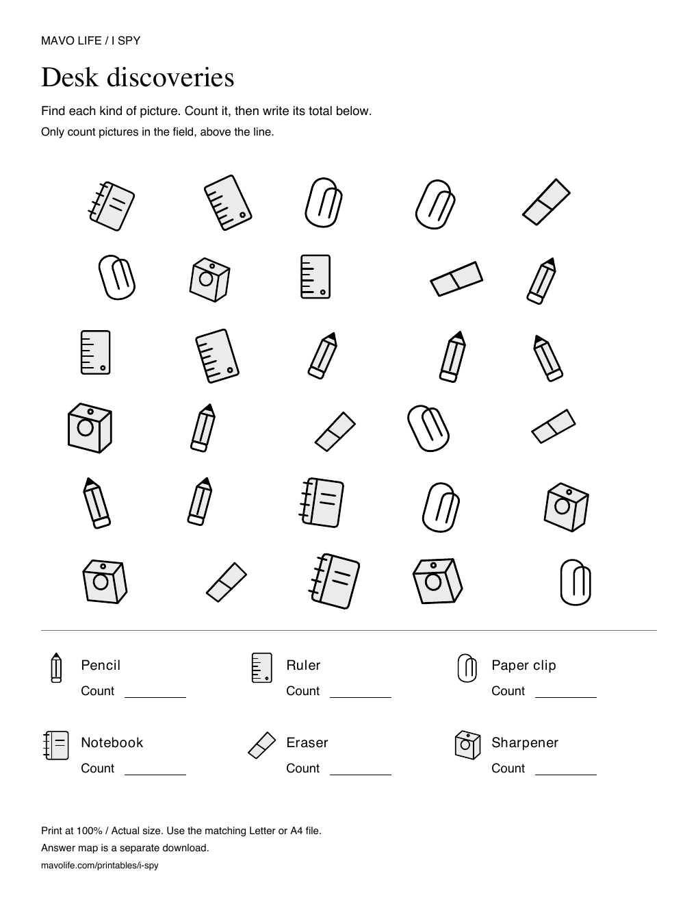 Actual desk discoveries I Spy player sheet: thirty scattered objects above six picture labels with blank count spaces.