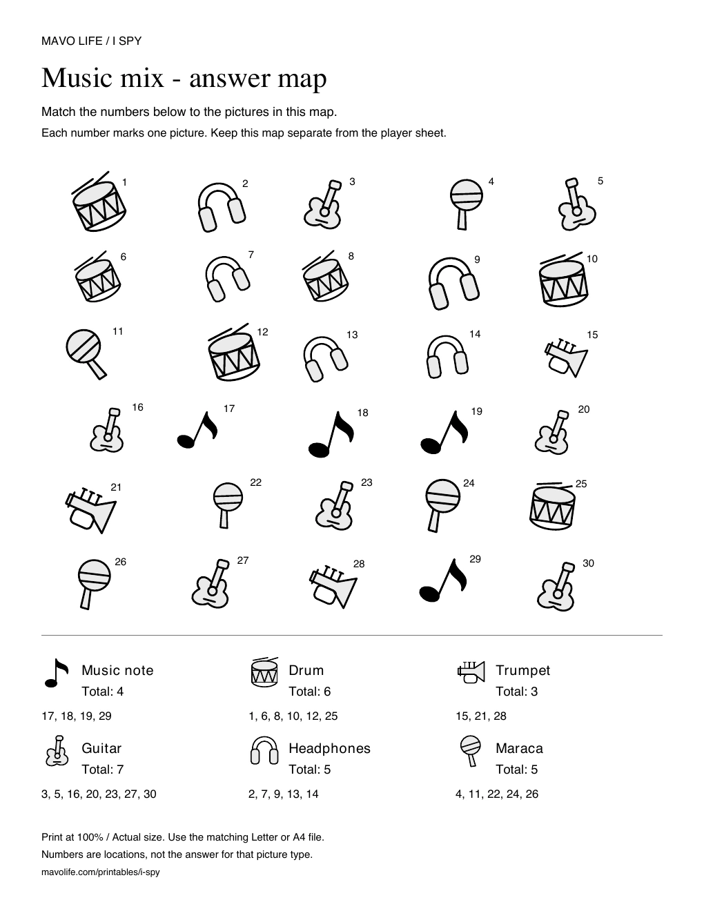 Separate music mix answer map with numbered object locations and the six completed counts.