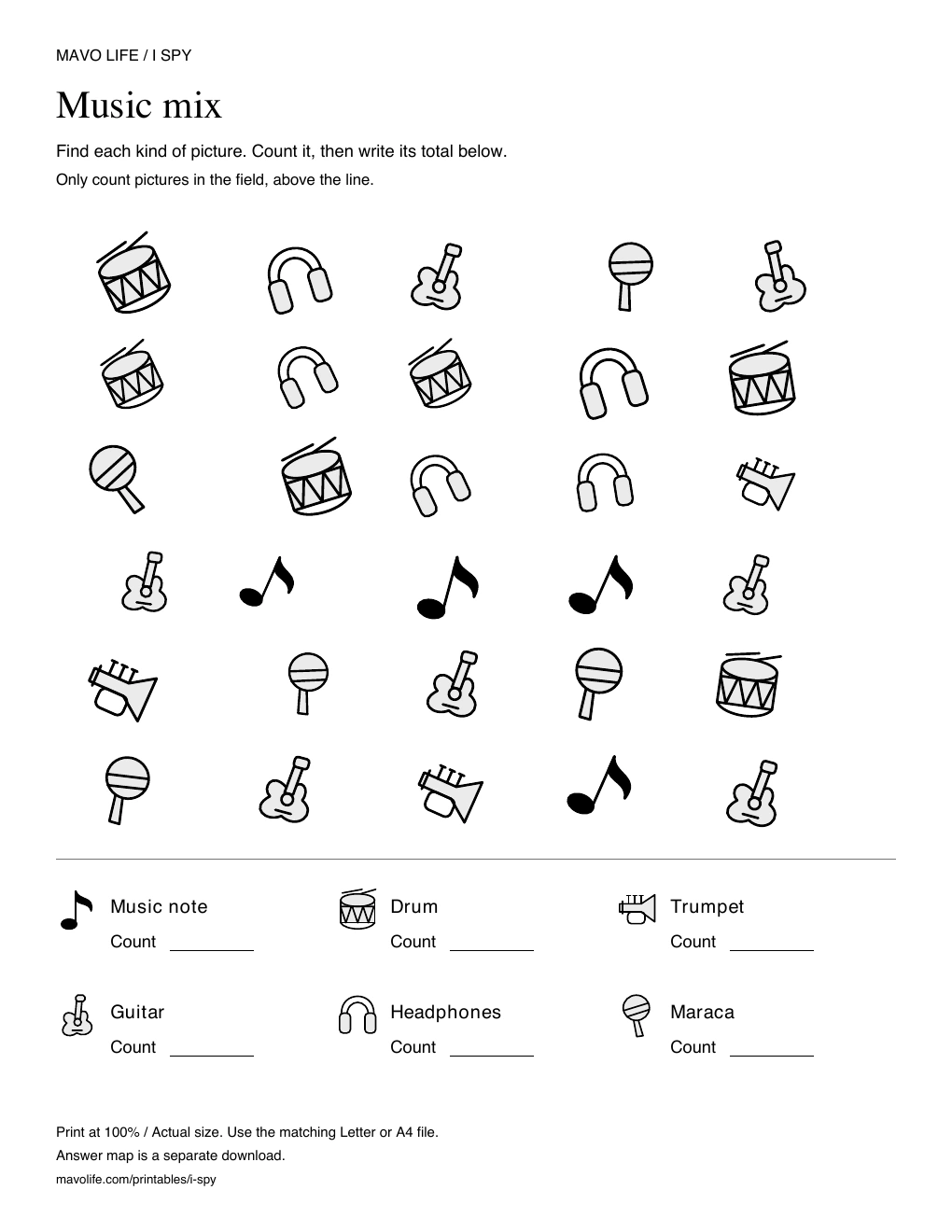 Actual music mix I Spy player sheet: thirty scattered objects above six picture labels with blank count spaces.