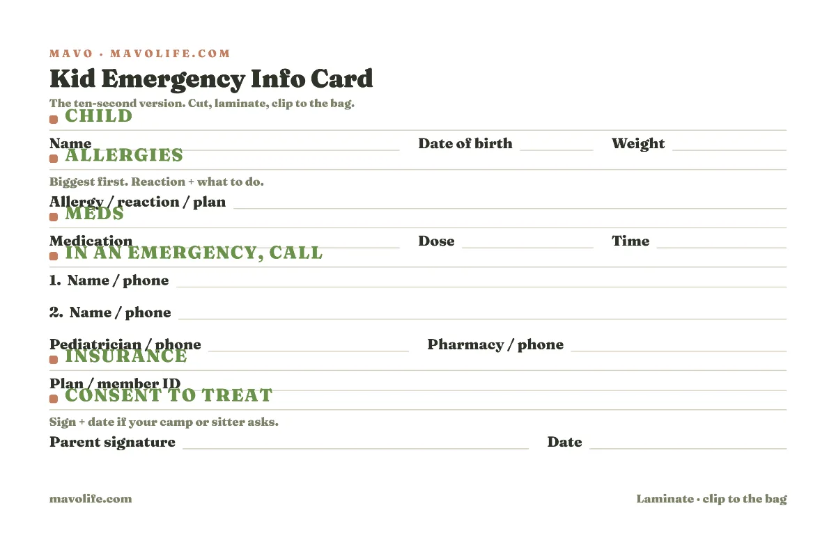 Printable kid emergency info card: child facts, allergies, current meds, who to call, insurance ID, and a consent-to-treat line, sized to cut and laminate