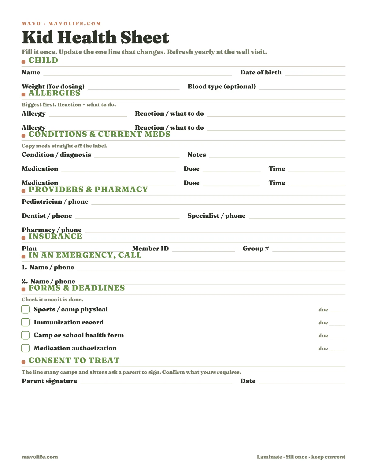Printable one-page kid health sheet: child facts, allergies, conditions and current medications, providers and pharmacy, insurance, emergency contacts and consent to treat, and a forms-and-deadlines tracker