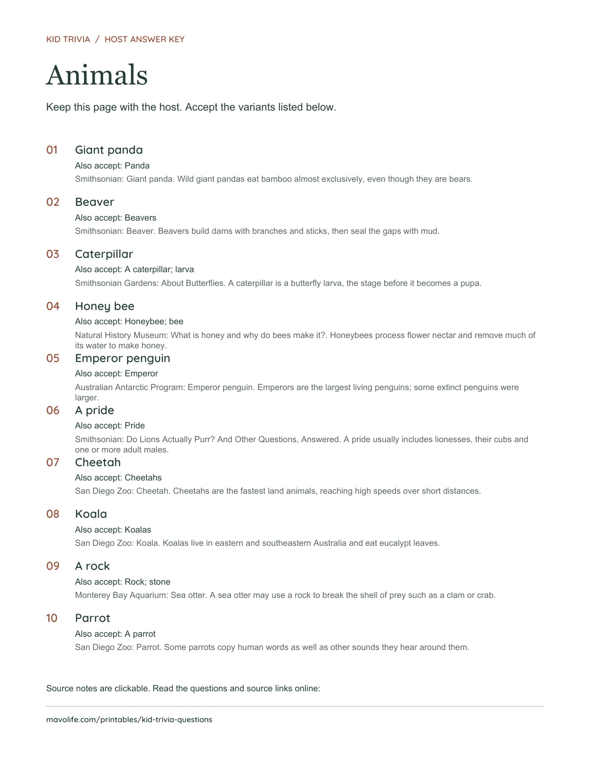 Animals: actual one-page host key with ten numbered answers, accepted alternatives, and source notes.