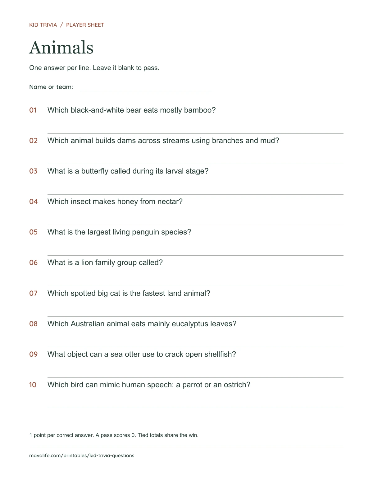 Animals: actual one-page question sheet with ten numbered questions and writing lines.