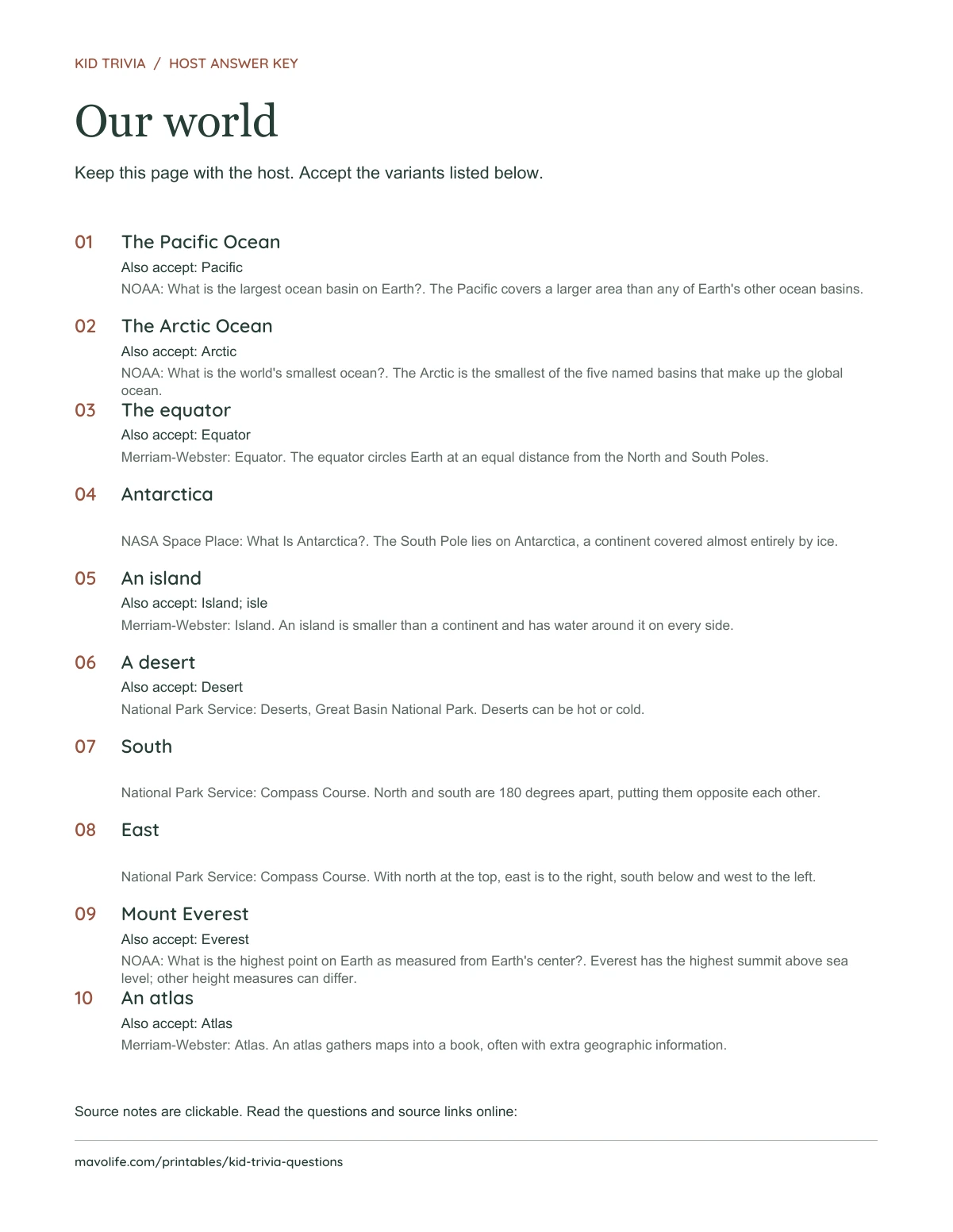 Our world: actual one-page host key with ten numbered answers, accepted alternatives, and source notes.