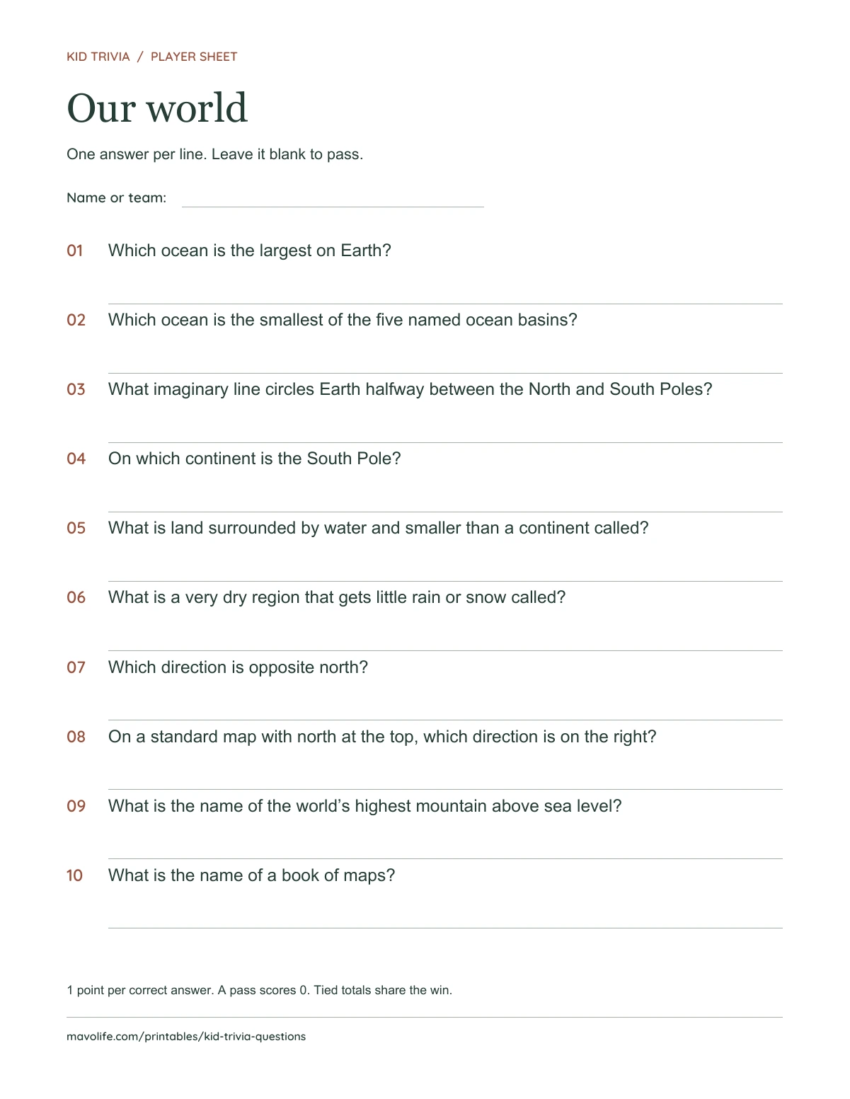 Our world: actual one-page question sheet with ten numbered questions and writing lines.