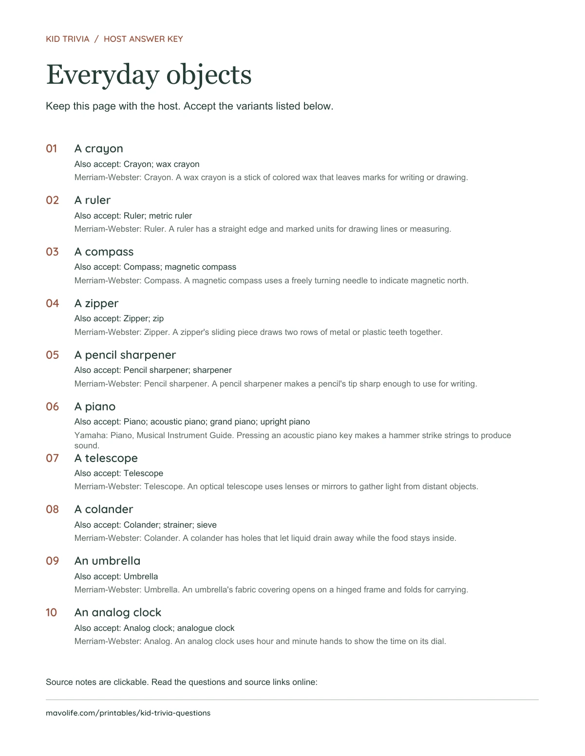 Everyday objects: actual one-page host key with ten numbered answers, accepted alternatives, and source notes.