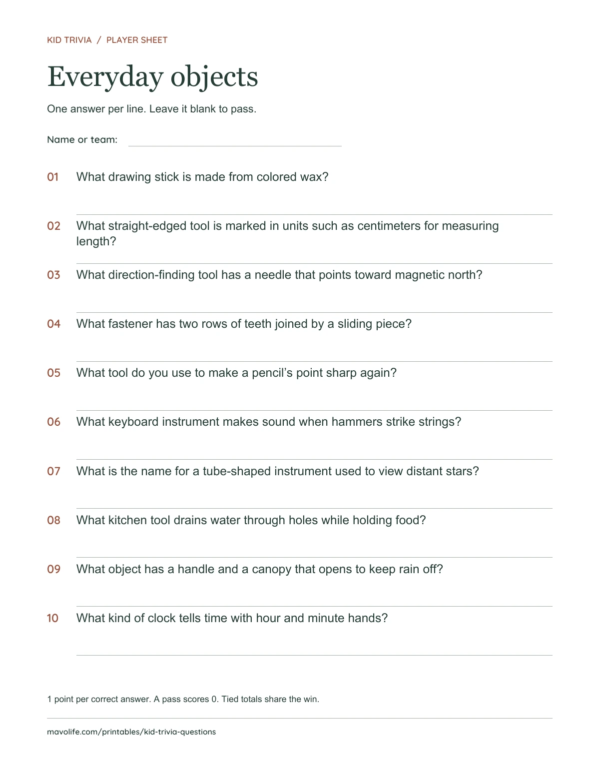Everyday objects: actual one-page question sheet with ten numbered questions and writing lines.
