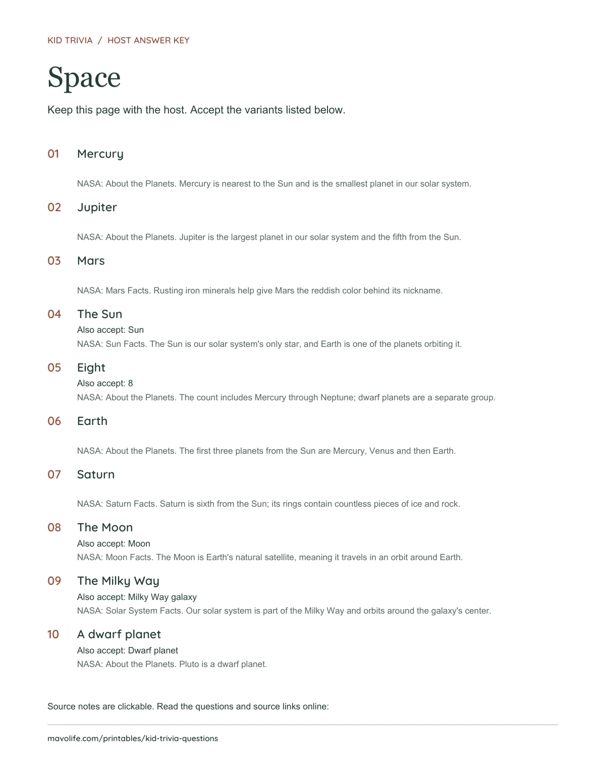 Space: actual one-page host key with ten numbered answers, accepted alternatives, and source notes.