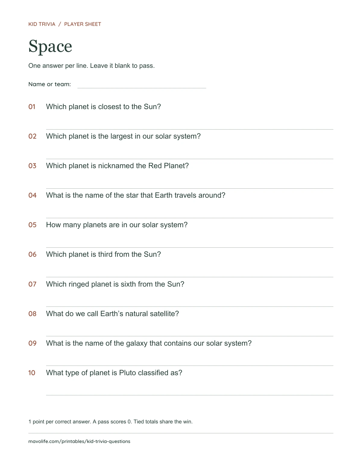 Space: actual one-page question sheet with ten numbered questions and writing lines.