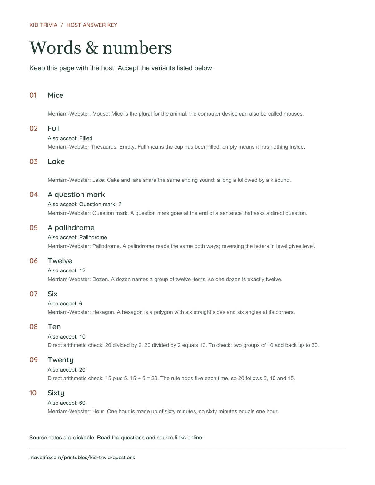 Words & numbers: actual one-page host key with ten numbered answers, accepted alternatives, and source notes.