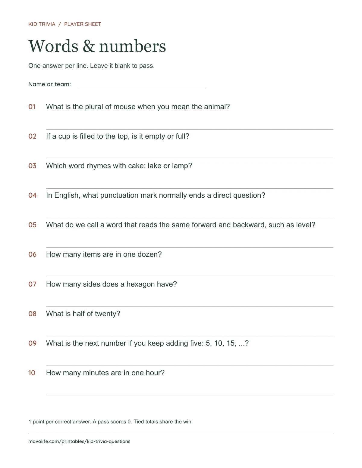 Words & numbers: actual one-page question sheet with ten numbered questions and writing lines.