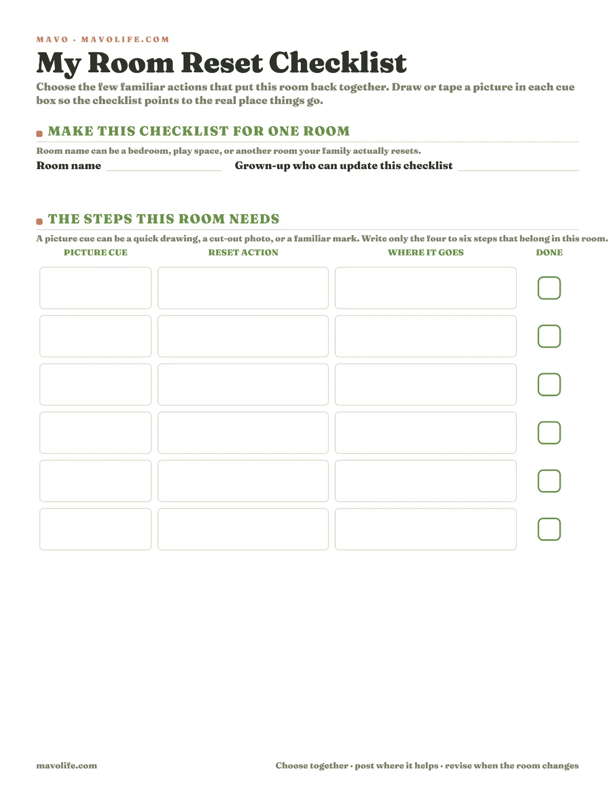 One-page fillable room reset checklist with a room name, update owner, and six parent-chosen rows for a picture cue, reset action, destination, and done checkbox.